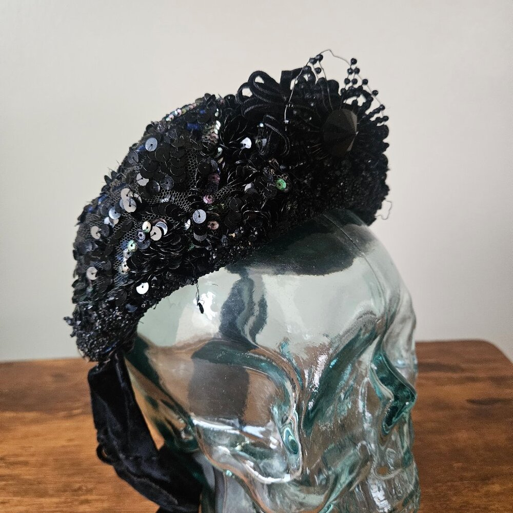Victorian‎ Antique 1870s 1880s Black Bonnet Jet Beaded Sequins Mourning Hat